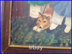 Old Naive Folk Art Oil Painting Boy Girl Welsh Corgi Dog Ann Stanwell England Old Naive Folk Art Oil Painting Boy Girl Welsh Corgi Dog Ann Stanwell England