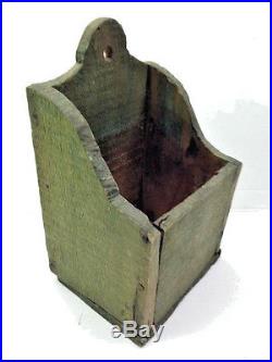 Old Primitive Wall Hanging Salt Box in Dry Green Paint Folk Art Made from Scraps