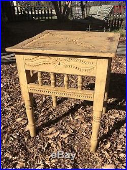 Old Vintage Mexican Side Table Original Yellow Paint Carved Top Folk Art