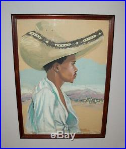 Old Vtg 1940s Folk Art Portrait Painting Mexican Man Wearing Sombrero Watercolor