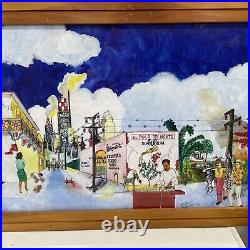 Old Vtg 1966 Folk Art Mexico Painting Mexican Street Watercolor Signed Powell