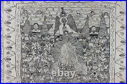 One Mexican folk art Amate paper ink drawing earthly life under heaven
