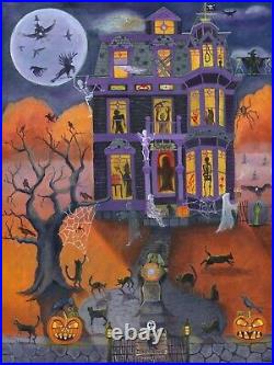 OrIgInAl FoLk ART PaInTiNg HaLLowEEn CoNjUrInG WiTcH CaTs CrOwS GhOsTs HoUsE