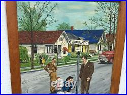 Oregon Artist Oil Painting Folk Art Americana Unusual Strange Street Scene 1947