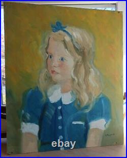 Orig Antique Folk Art Oil Painting Girl Child Portrait Country Primitive 1934