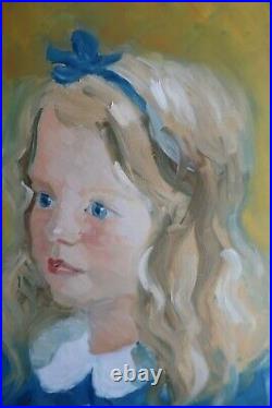 Orig Antique Folk Art Oil Painting Girl Child Portrait Country Primitive 1934