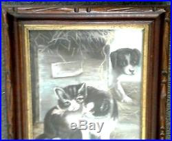 Orig. Old Antique VIctorian Pastel Puppy and Kittens painting folk art frame