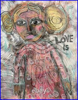 Original 11? ×? 14? Folk Art Portrait by KWest Mixed Media LOVE IS Whimsical