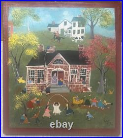 Original ANNA IGO School Days Students Playing NEW ENGLAND FOLK ART Oil Painting