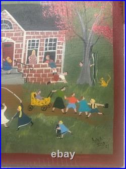 Original ANNA IGO School Days Students Playing NEW ENGLAND FOLK ART Oil Painting