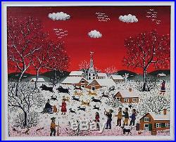 Original A Langlois Folk Art Winter Town & Dogs Oil Painting Grandma Moses Style
