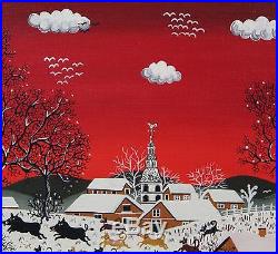Original A Langlois Folk Art Winter Town & Dogs Oil Painting Grandma Moses Style