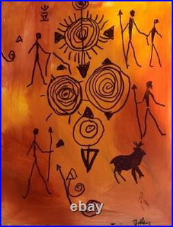 Original Abstract Cave Art Painting Primitive Folk Tribal Canvas 14x11
