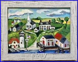 Original Abstract Naive Primitive Style Painting American Town