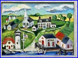 Original Abstract Naive Primitive Style Painting American Town