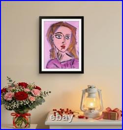 Original Acrylic Woman Portrait Painting 14x11 Canvas Expressionist Folk Art
