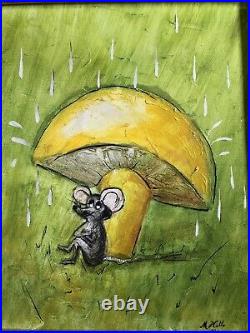 Original Acrylic on Canvas, Mouse under Mushroom, Folk Art, Signed M. Wells