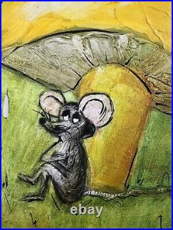 Original Acrylic on Canvas, Mouse under Mushroom, Folk Art, Signed M. Wells