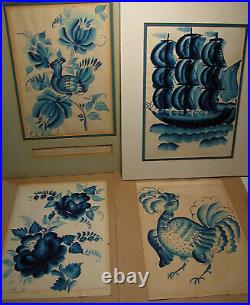 Original Antique Vintage Russian Folk Art Blue White Watercolor Paintings GZHEL