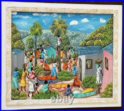 Original Art Painting Tropical Village Market Scene by R Alaby Folk Art Haiti