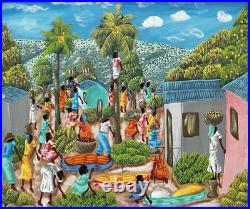 Original Art Painting Tropical Village Market Scene by R Alaby Folk Art Haiti