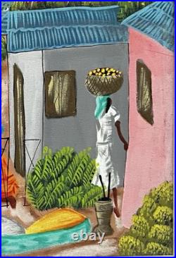 Original Art Painting Tropical Village Market Scene by R Alaby Folk Art Haiti