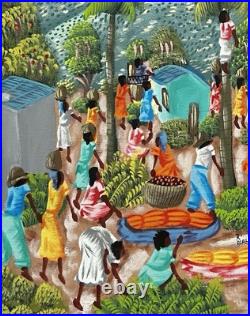 Original Art Painting Tropical Village Market Scene by R Alaby Folk Art Haiti