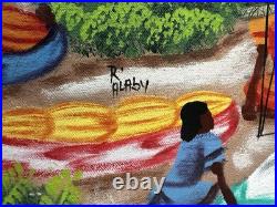 Original Art Painting Tropical Village Market Scene by R Alaby Folk Art Haiti
