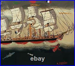 Original Arthur Glazier Folk Art Reverse Glass Oil Painting British Sailing Ship