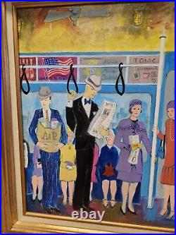 Original BILL MARLIEB Painting 1930s NYC SUBWAY RIDERS Colorful Folk Art FRAMED