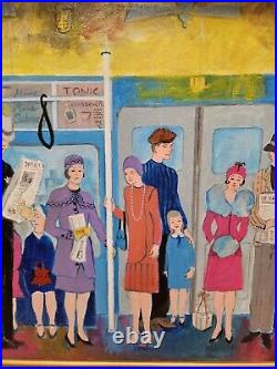 Original BILL MARLIEB Painting 1930s NYC SUBWAY RIDERS Colorful Folk Art FRAMED