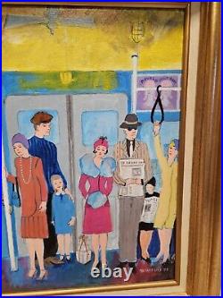 Original BILL MARLIEB Painting 1930s NYC SUBWAY RIDERS Colorful Folk Art FRAMED