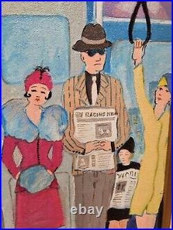 Original BILL MARLIEB Painting 1930s NYC SUBWAY RIDERS Colorful Folk Art FRAMED