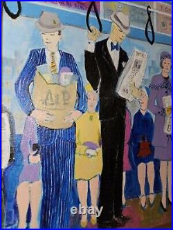 Original BILL MARLIEB Painting 1930s NYC SUBWAY RIDERS Colorful Folk Art FRAMED