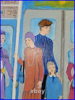 Original BILL MARLIEB Painting 1930s NYC SUBWAY RIDERS Colorful Folk Art FRAMED