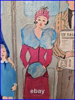 Original BILL MARLIEB Painting 1930s NYC SUBWAY RIDERS Colorful Folk Art FRAMED