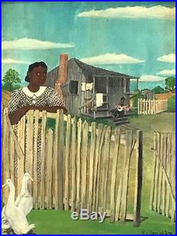 Original Black Americana Folk Art Naive Painting. Woman Dreaming On Picket Fence
