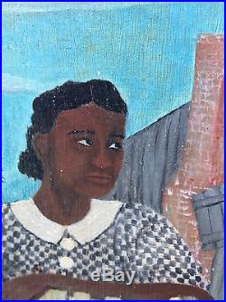 Original Black Americana Folk Art Naive Painting. Woman Dreaming On Picket Fence