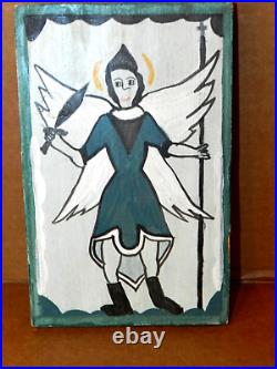 Original C. SANDOVAL, Retablo Painting ST. MIGUEL Folk Art CHIMAYO New Mexico,'97