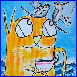 Original Cat Painting Bird Tabby Coffee Contemporary Folk Art by Samantha McLean