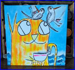 Original Cat Painting Bird Tabby Coffee Contemporary Folk Art by Samantha McLean