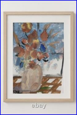 Original Floral Vase Painting 9x12 Acrylic Canvas Still Life Blue& Brown Bouquet