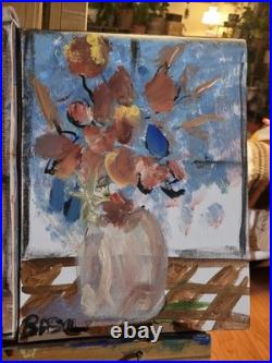 Original Floral Vase Painting 9x12 Acrylic Canvas Still Life Blue& Brown Bouquet