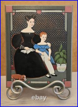 Original Folk Art Carved Wood Painting Signed AMMI PHILLIPS Mother Child & Dog