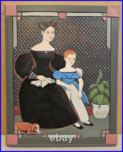 Original Folk Art Carved Wood Painting Signed AMMI PHILLIPS Mother Child & Dog