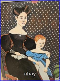 Original Folk Art Carved Wood Painting Signed AMMI PHILLIPS Mother Child & Dog