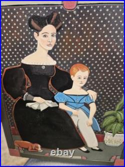 Original Folk Art Carved Wood Painting Signed AMMI PHILLIPS Mother Child & Dog