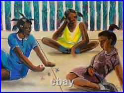 Original Folk Art Children Playing Pastel Watercolor Painting African American