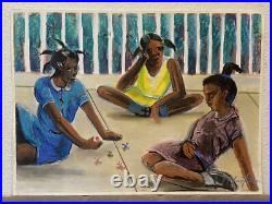 Original Folk Art Children Playing Pastel Watercolor Painting African American