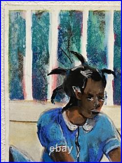 Original Folk Art Children Playing Pastel Watercolor Painting African American